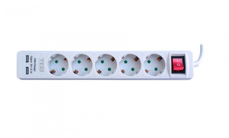 Prelungitor 1,5 metri 5 prize schuko + 2 iesiri usb 2.0 + intrerupator cablu 3x1mm ted