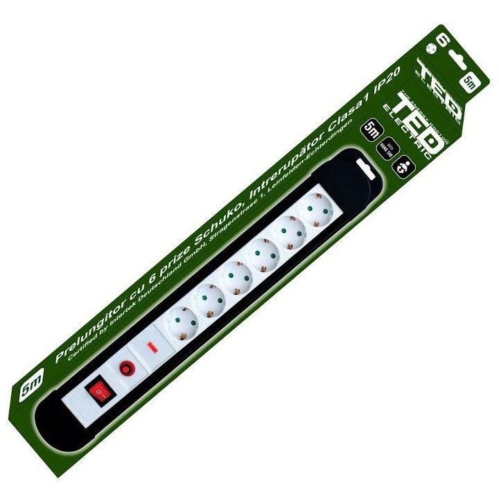 Prelungitoare, Prelungitor cu protectie 5 metri 6 prize schuko cu reset & led & switch cablu 3x1,5mm TED000934 -6, dioda.ro