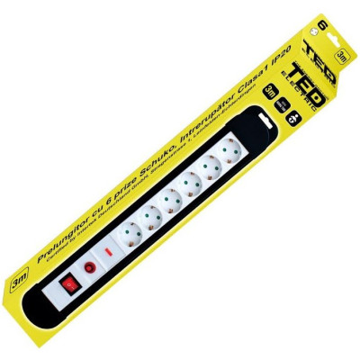 Prelungitoare, Prelungitor cu protectie 3 metri 6 prize schuko cu reset & led & switch cablu 3x1,5mm TED000927 -6, dioda.ro