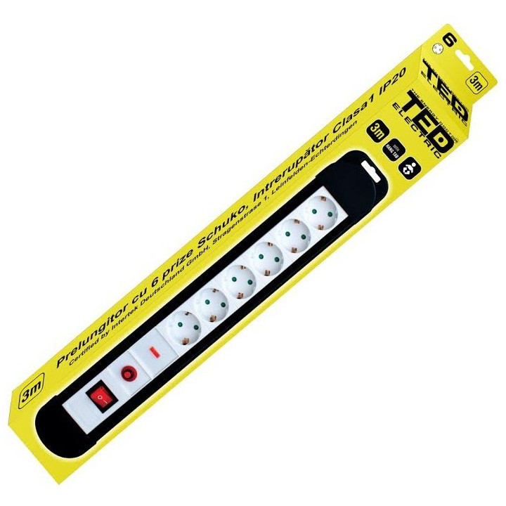 Prelungitoare, Prelungitor cu protectie 3 metri 6 prize schuko cu reset & led & switch cablu 3x1,5mm TED000927 -6, dioda.ro