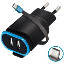Acumulatoare, Incarcator USB Forever, TC-02, 2x 2.4A negru cu cablu USB-C -1, dioda.ro