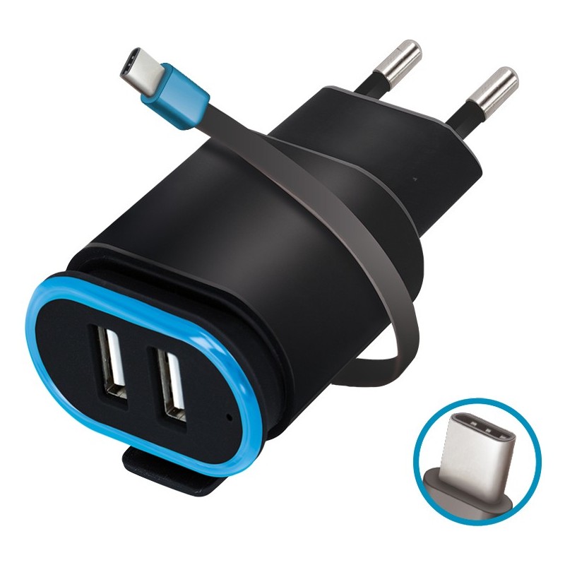 Acumulatoare, Incarcator USB Forever, TC-02, 2x 2.4A negru cu cablu USB-C -1, dioda.ro
