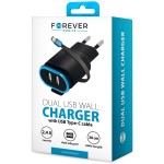 Acumulatoare, Incarcator USB Forever, TC-02, 2x 2.4A negru cu cablu USB-C -1, dioda.ro