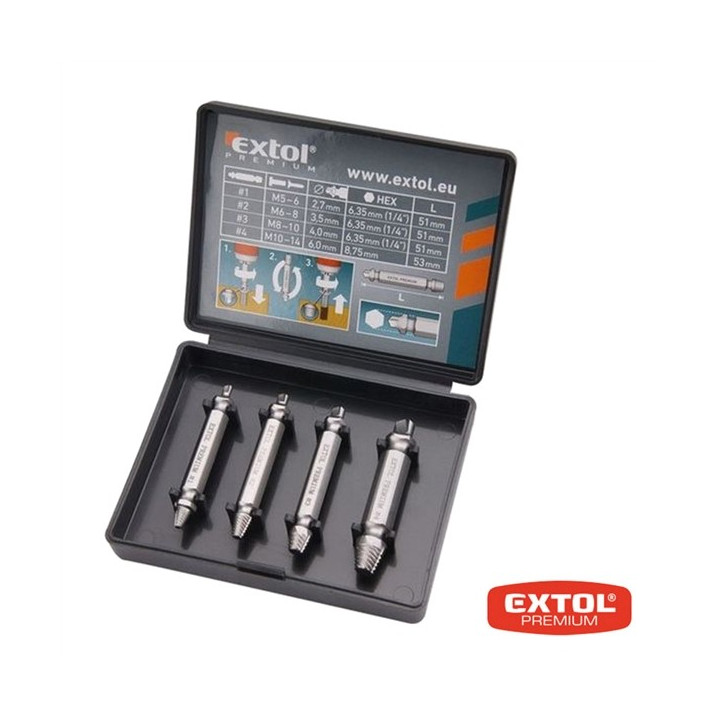 Unelte Scule Elemente Mecanice, Set de 4 extractor Șurub - Extol PREMIUM 8801842 -1, dioda.ro