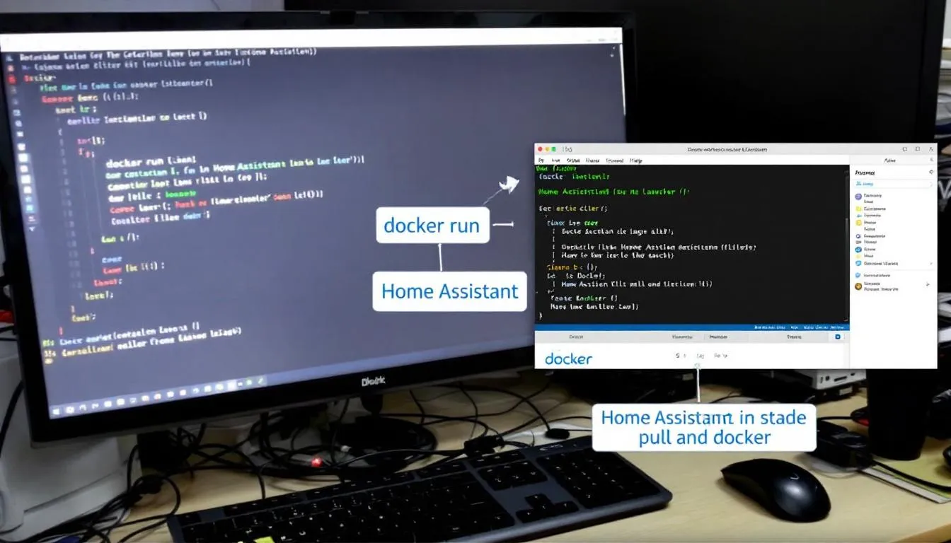 In the image, a computer screen displays a step-by-step guide for installing Home Assistant on Docker, featuring icons of smart home devices like Google Home and Alexa, illustrating a simple and rapid setup process for controlling various home products.